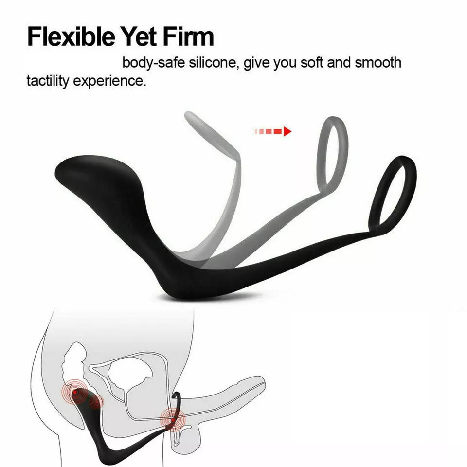Silicone Prostate Massager with Cock Ring Waterproof Anal Plug Stimulator Black