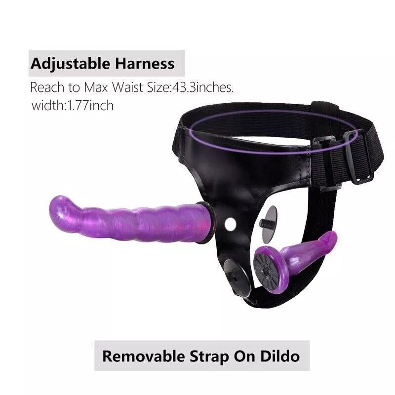Double Strap On Harness Set Adjustable Couples Strap-On with 2 Dildos Purple & Black